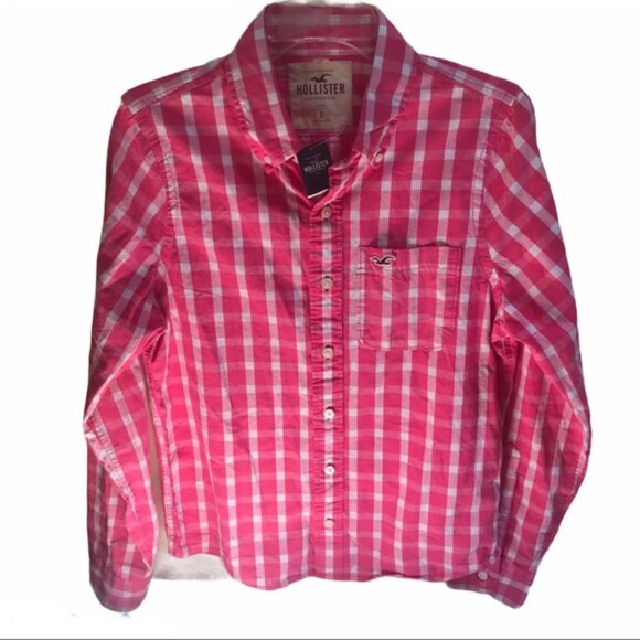 Hollister NEW Cotton Gingham Check Button Shirt Top Blouse Pink Long Sleeves S - Picture 2 of 14